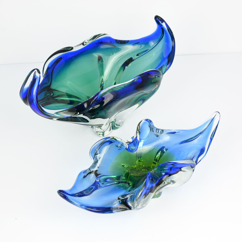 Grand bol en verre vintage bleu-vert par J. Hospodka