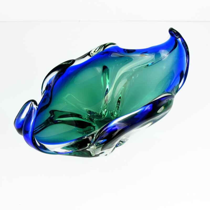 Vintage large blue-green glass bowl designed by J. Hospodka