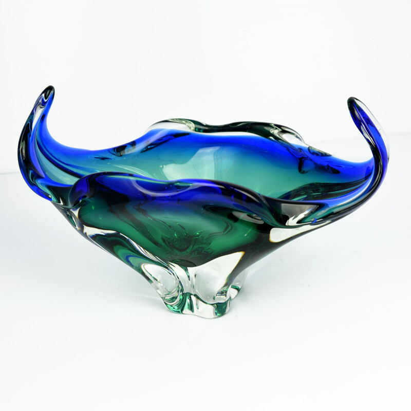 Vintage large blue-green glass bowl designed by J. Hospodka