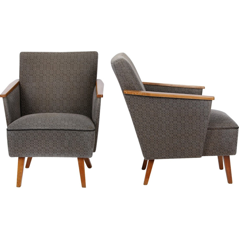 Pair of Czechoslovakian wooden and fabric armchairs - 1960s