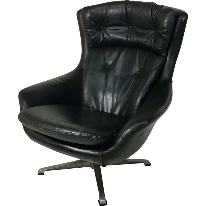 Vintage danish swivelling armchair in black leather 1960s