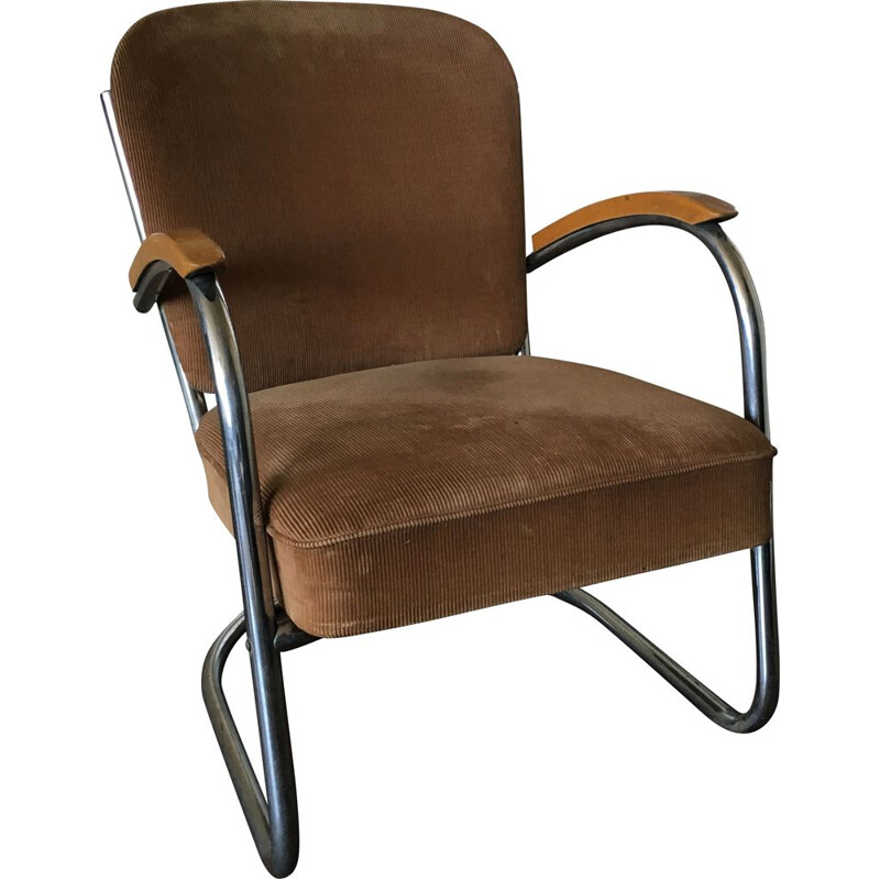 Vintage-Sessel 436 für D3 Rotterdam aus braunem Stoff und Stahlrohr