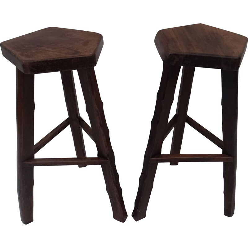 Pair of vintage brutalists stools in solid elm wood