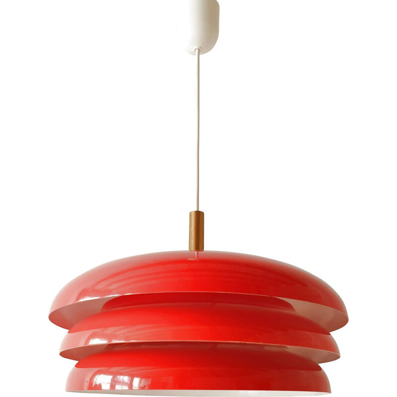 Scandinavian vintage hanging lamp in red steel and brass 1960