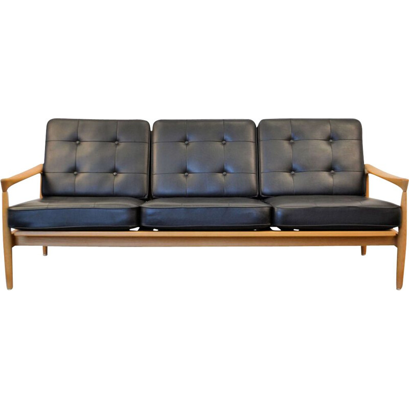 Vintage Kolding sofa by Erik Wørts in black leather and oak 1960s