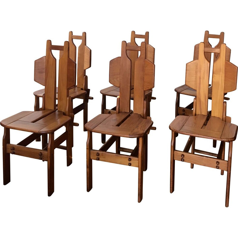 Set of 6 vintage chairs made of teak wood 1970