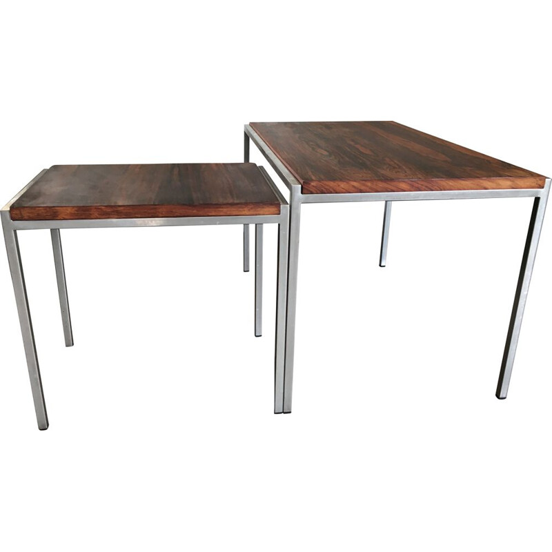 Set of 2 vintage side tables in rosewood and steel from Pastoe 1960s
