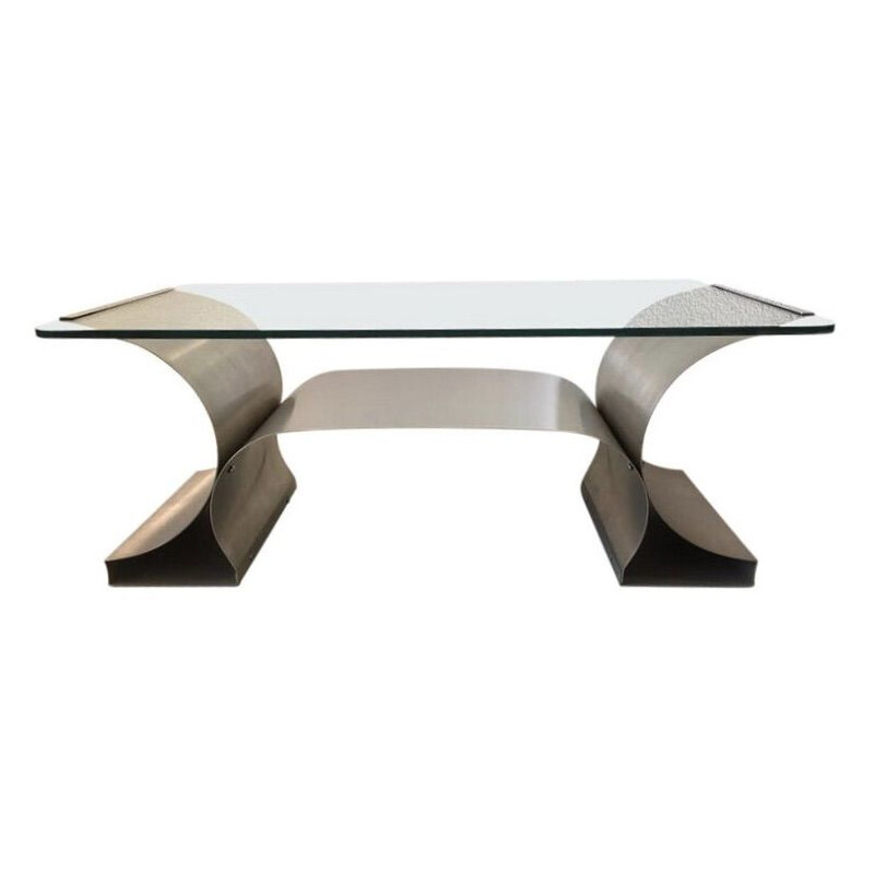 Vintage coffee table in brushed steel and glass, France 1970