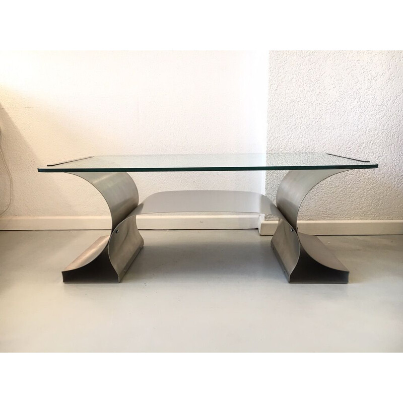 Mesa de centro vintage de acero cepillado y cristal, Francia 1970