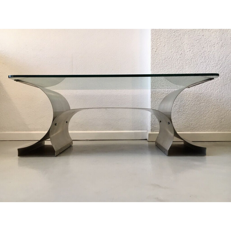 Vintage coffee table in brushed steel and glass, France 1970