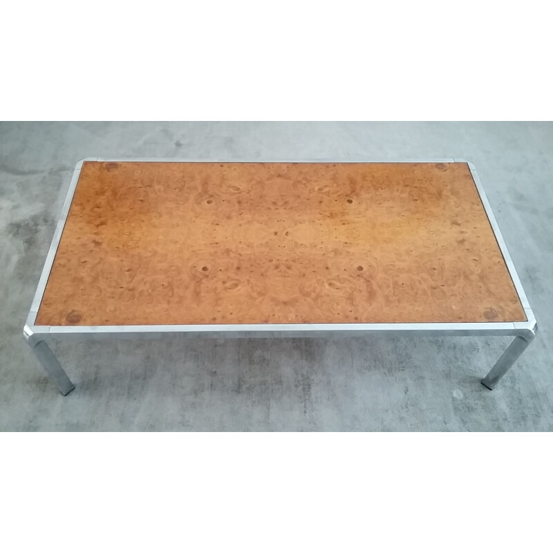 Table basse vintage en bois d’orme et inox 1970