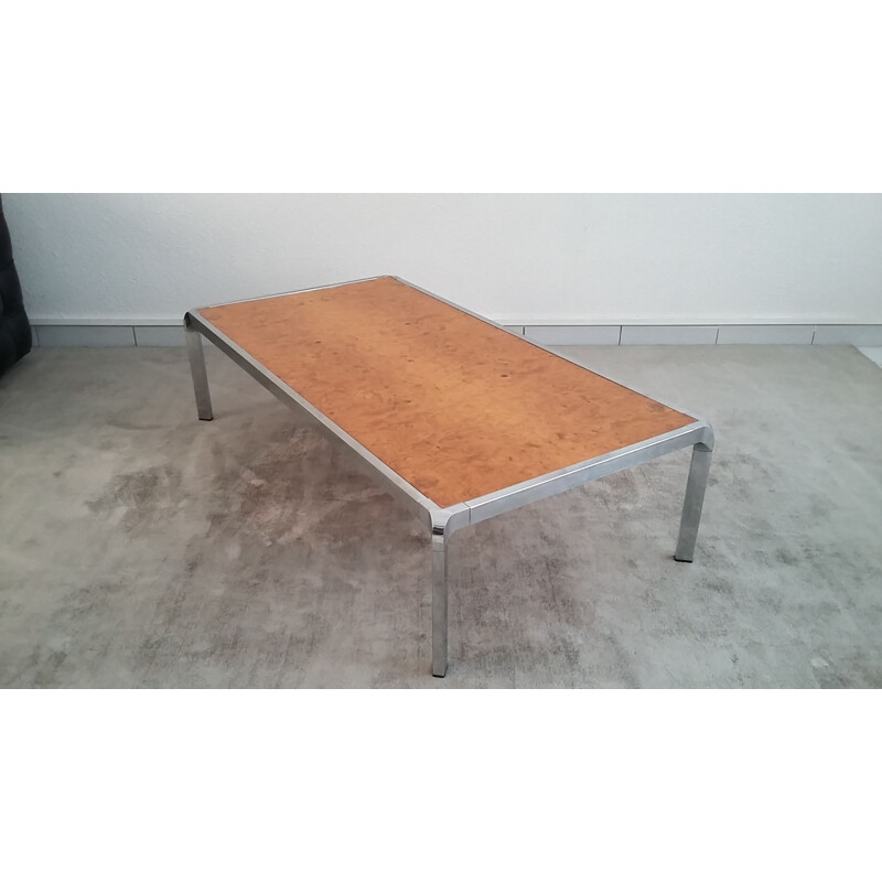 Vintage coffee table in elm wood and stainless steel 1970