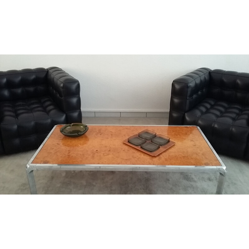 Vintage coffee table in elm wood and stainless steel 1970