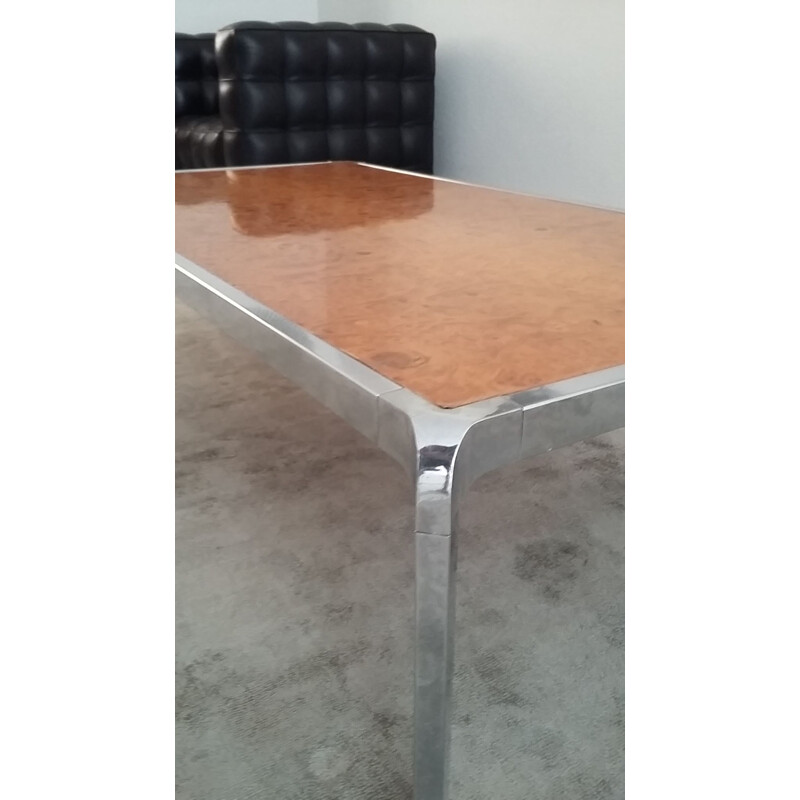 Vintage coffee table in elm wood and stainless steel 1970