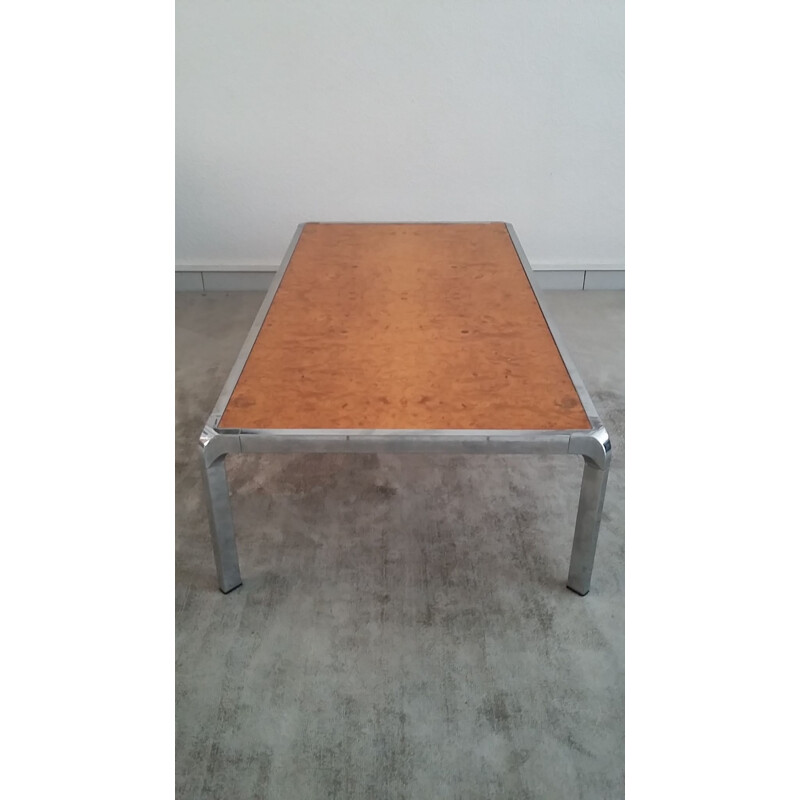 Table basse vintage en bois d’orme et inox 1970