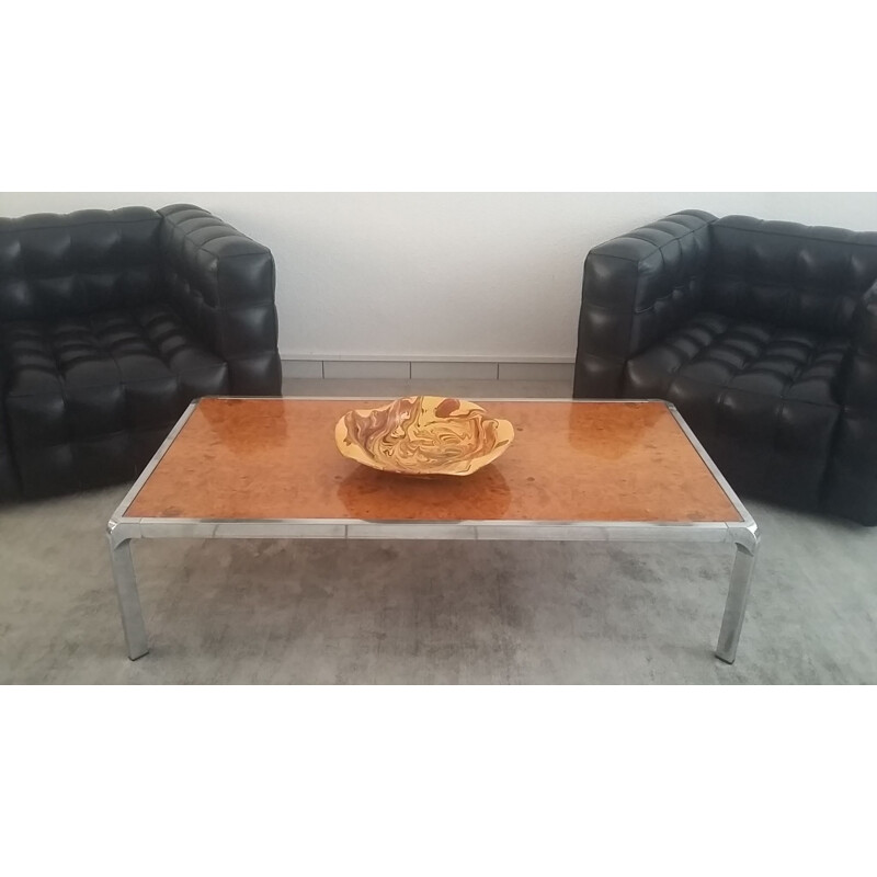 Vintage coffee table in elm wood and stainless steel 1970