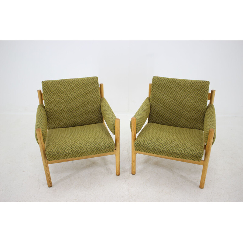 Pair of vintage armchairs for Dřevotvar Pardubice in green fabric and wicker 1970s