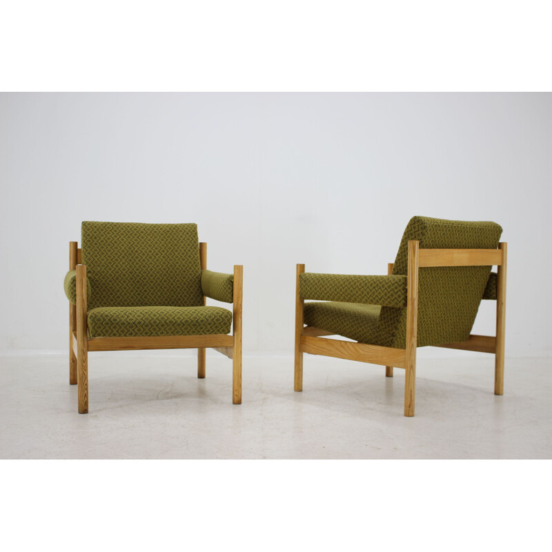 Pair of vintage armchairs for Dřevotvar Pardubice in green fabric and wicker 1970s