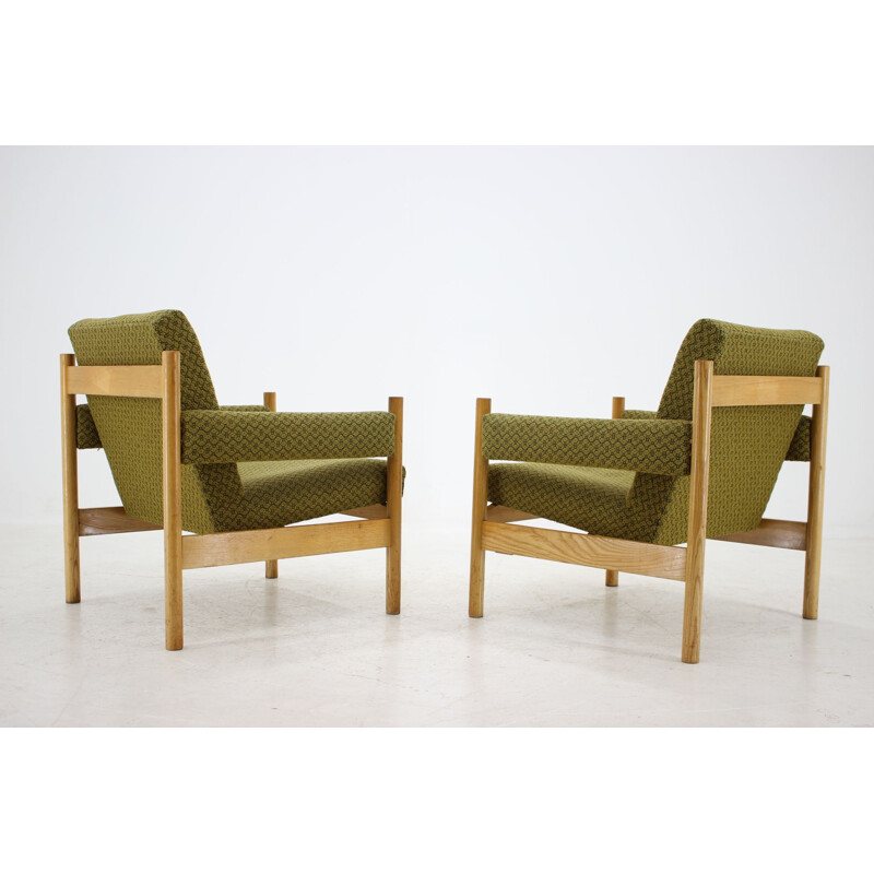 Pair of vintage armchairs for Dřevotvar Pardubice in green fabric and wicker 1970s