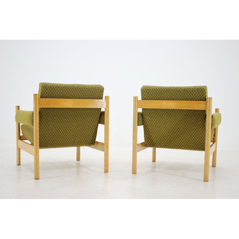 Pair of vintage armchairs for Dřevotvar Pardubice in green fabric and wicker 1970s