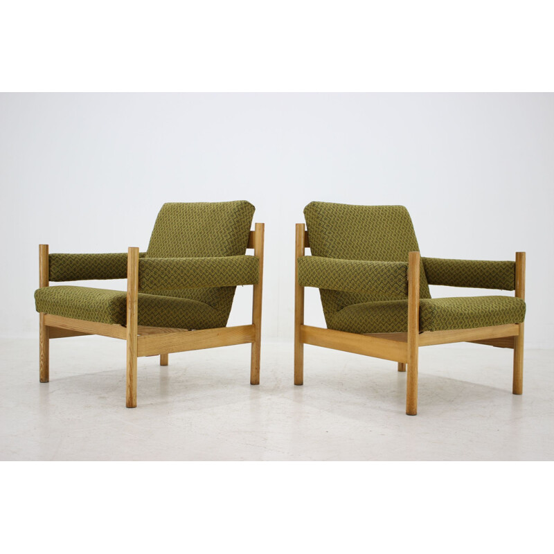 Pair of vintage armchairs for Dřevotvar Pardubice in green fabric and wicker 1970s