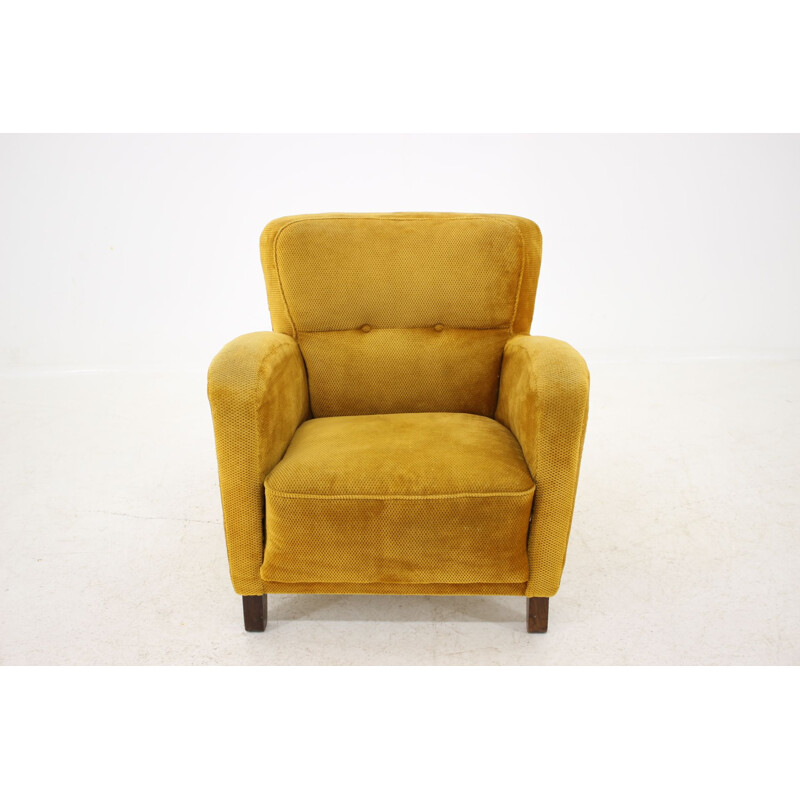 Fauteuil vintage Art Déco en tissu jaune et bois 1930