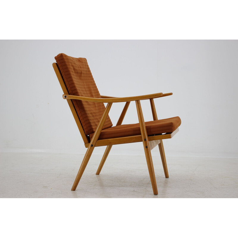 Vintage armchair in wood and orange fabric for Ton, Czechoslovakia 1970