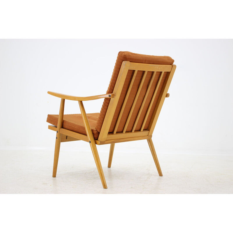 Vintage armchair in wood and orange fabric for Ton, Czechoslovakia 1970