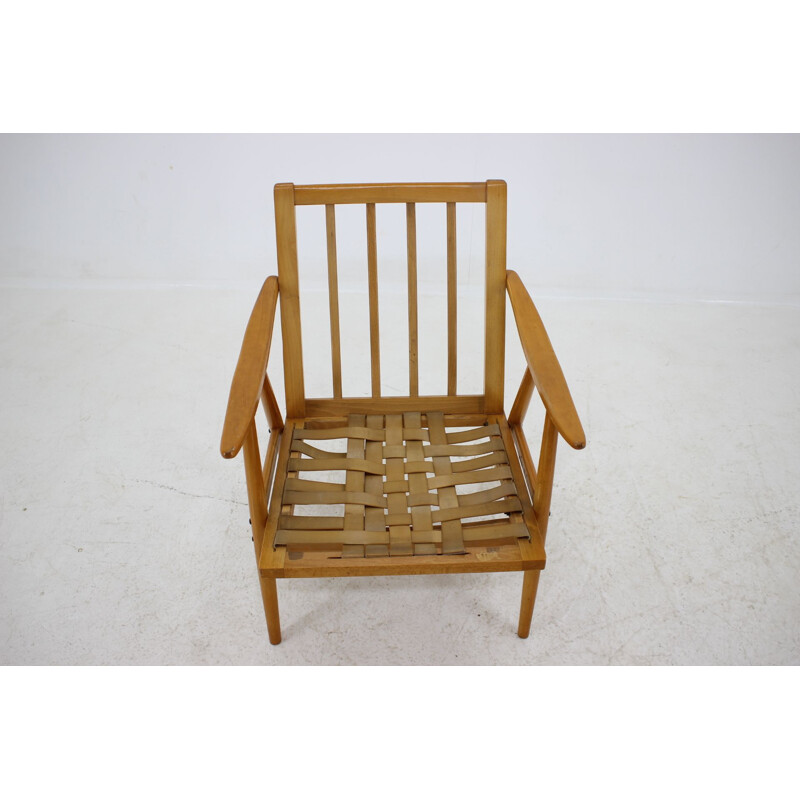 Vintage armchair in wood and orange fabric for Ton, Czechoslovakia 1970