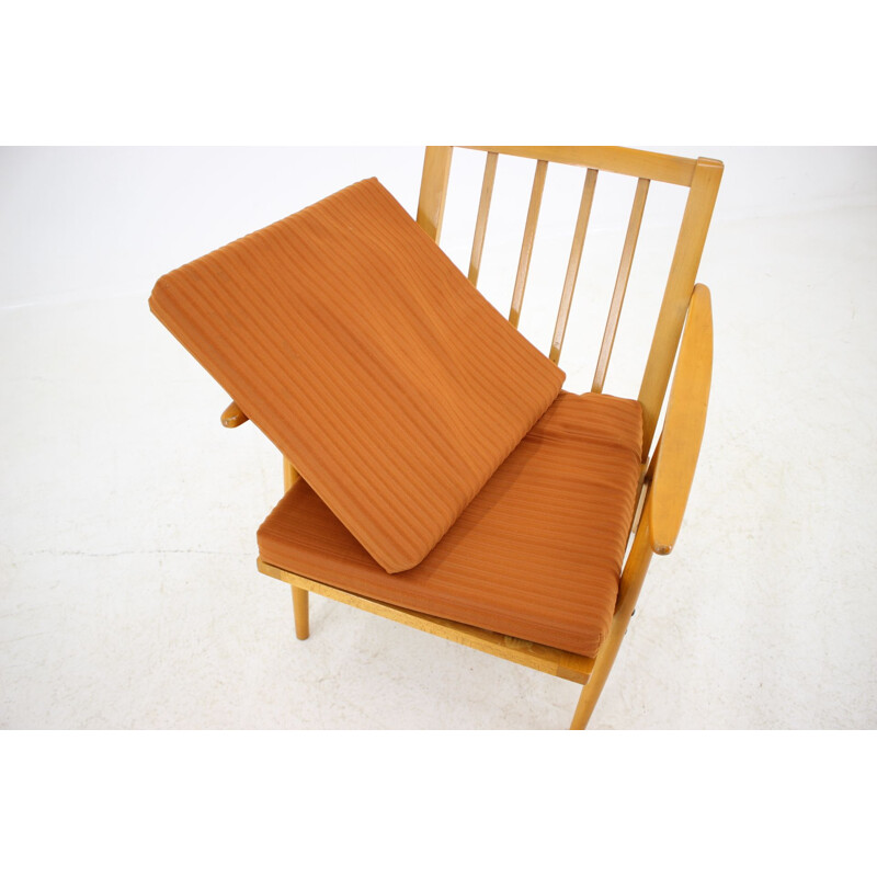 Vintage armchair in wood and orange fabric for Ton, Czechoslovakia 1970