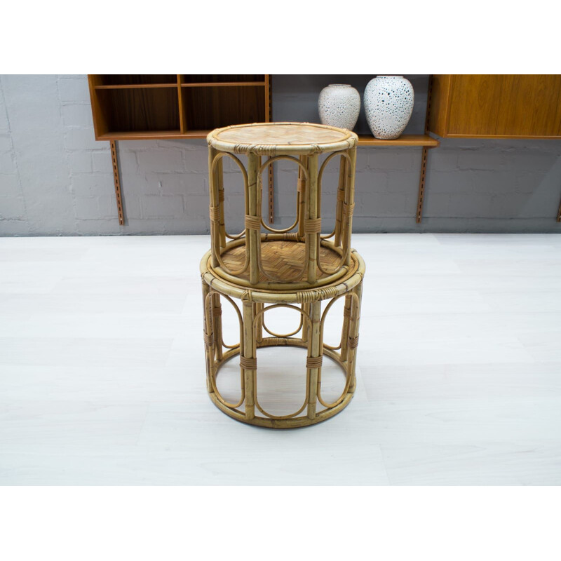 Set of 2 vintage side tables in rattan and bamboo, 1960s