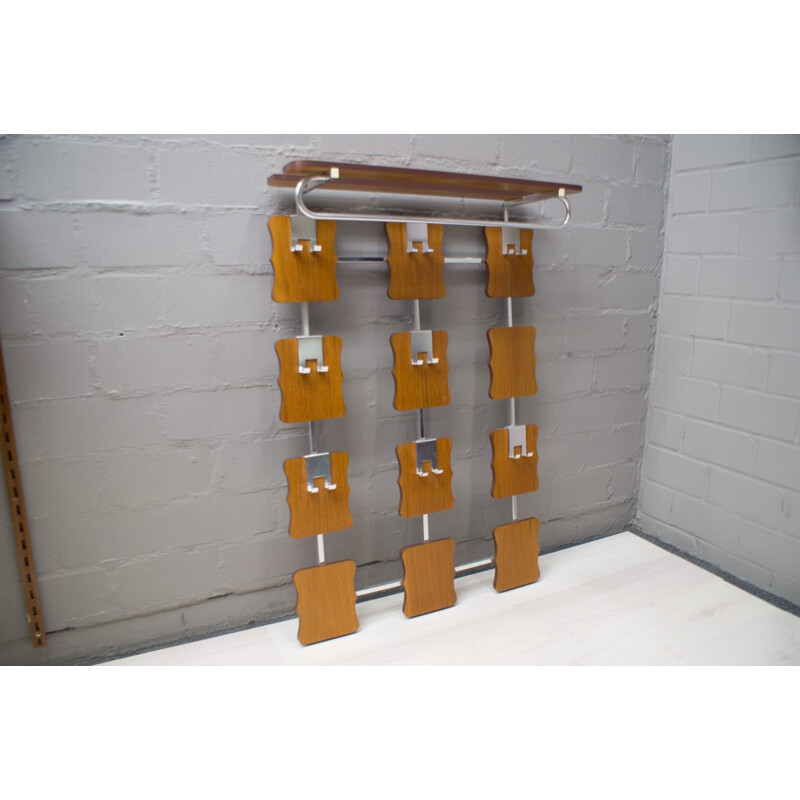 Vintage walnut coat rack with chrome hook, 1970