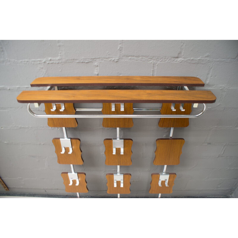 Vintage walnut coat rack with chrome hook, 1970