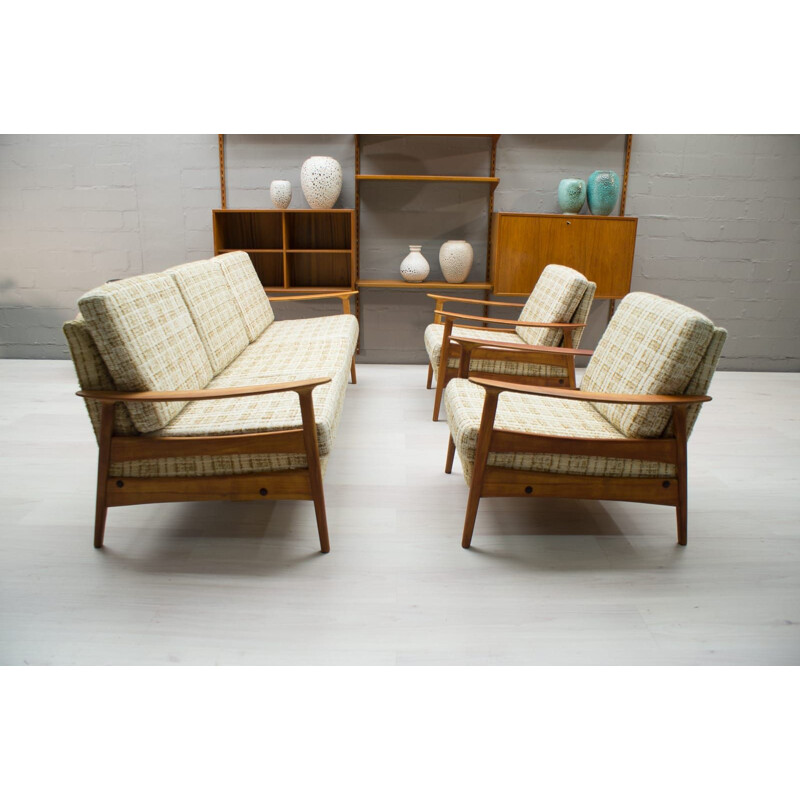 Vintage scandinavian living room set in wood and fabric 1960s