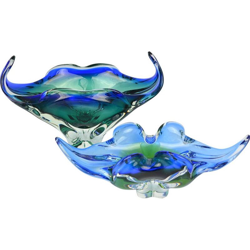 Vintage large blue-green glass bowl designed by J. Hospodka