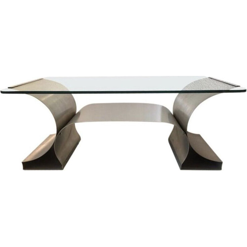 Vintage coffee table in brushed steel and glass, France 1970