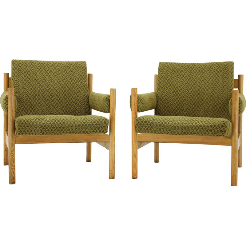 Pair of vintage armchairs for Dřevotvar Pardubice in green fabric and wicker 1970s