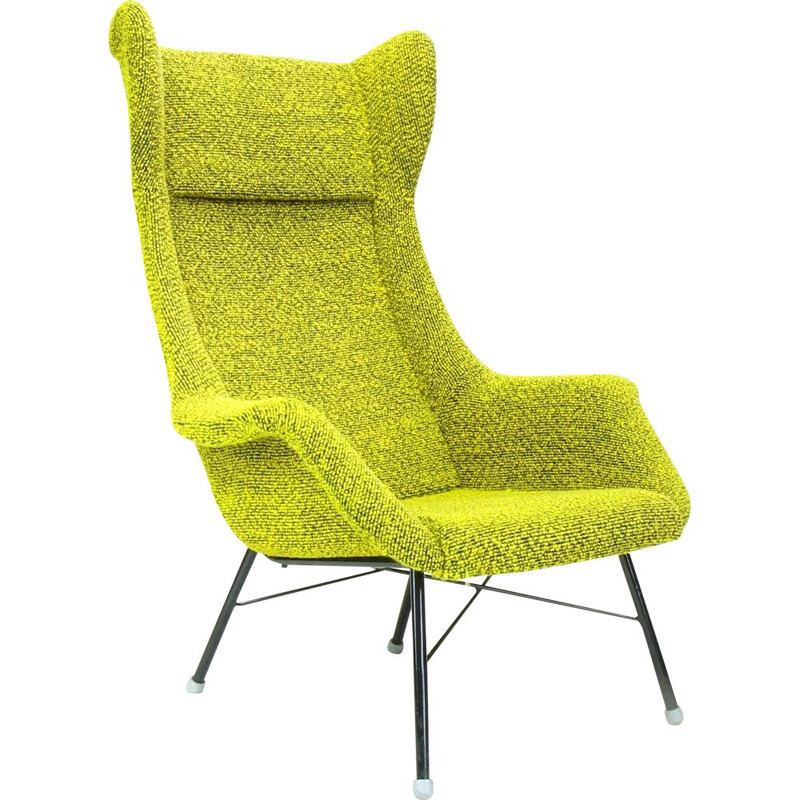 Fauteuil Wingback vintage en tissu jaune et vert par Miroslav Navratil pour Ton, 1960