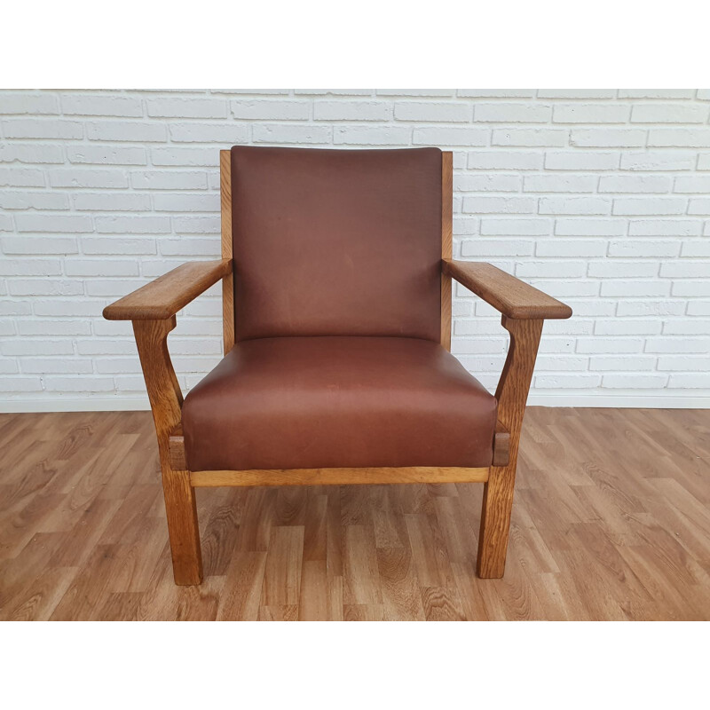 Fauteuil vintage danois GE 181 par Wegner en chêne et cuir 1970