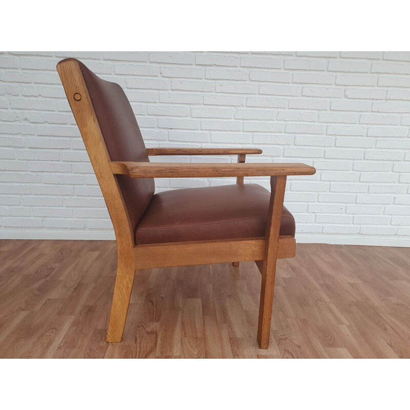 Fauteuil vintage danois GE 181 par Wegner en chêne et cuir 1970