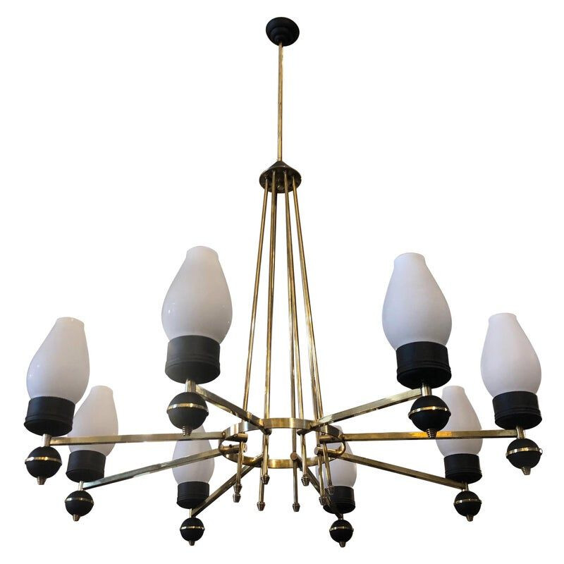 Vintage chandelier in brass and black metal Italy 50s