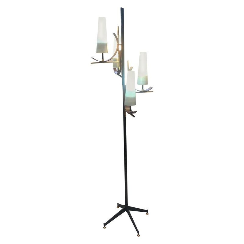 Vintage floor lamp in teak, brass and glass Italy 1950