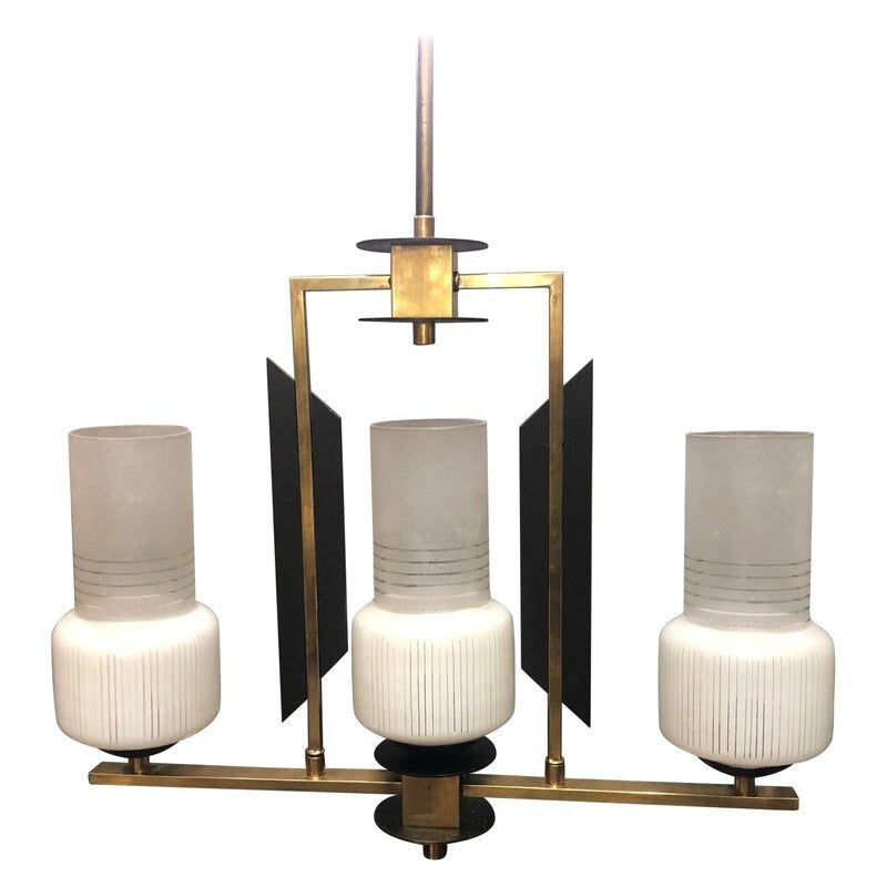 Vintage 3 lights chandelier in ebonized wood, brass and glass Italy 1950