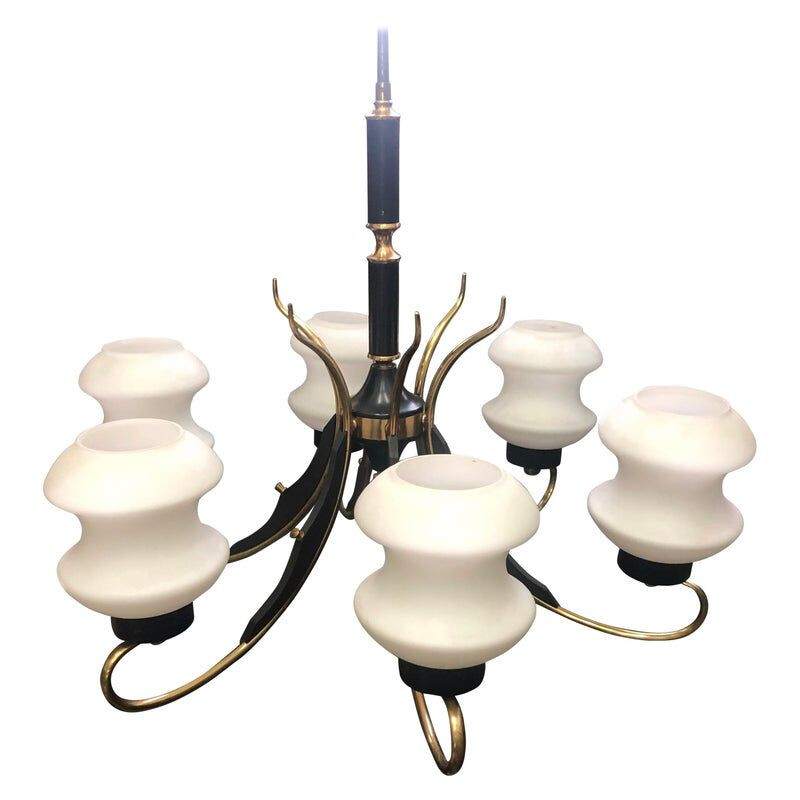 Vintage brass, ebony and white glass chandelier, Italy 1950
