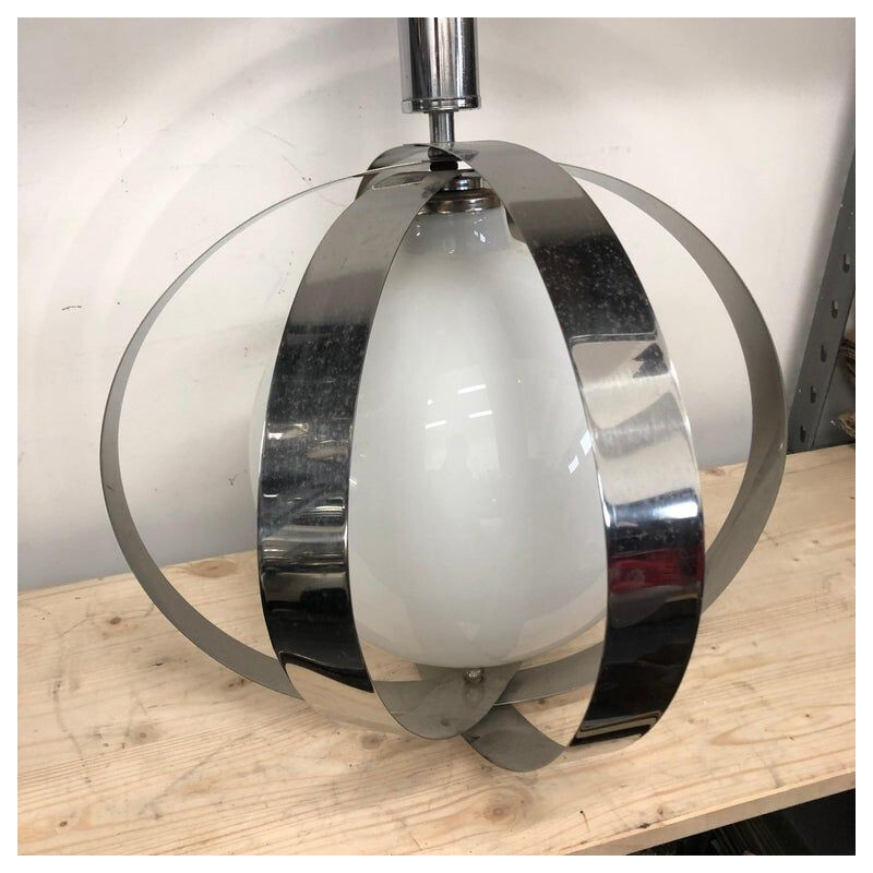 Vintage hanging lamp Space Age in chrome and white glass Italy 1970