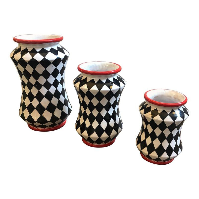 Set of 3 vintage vases hand painted terracotta Albarello Sicily