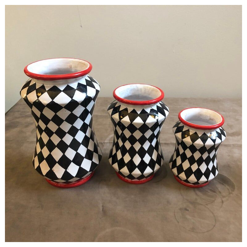 Set of 3 vintage vases hand painted terracotta Albarello Sicily