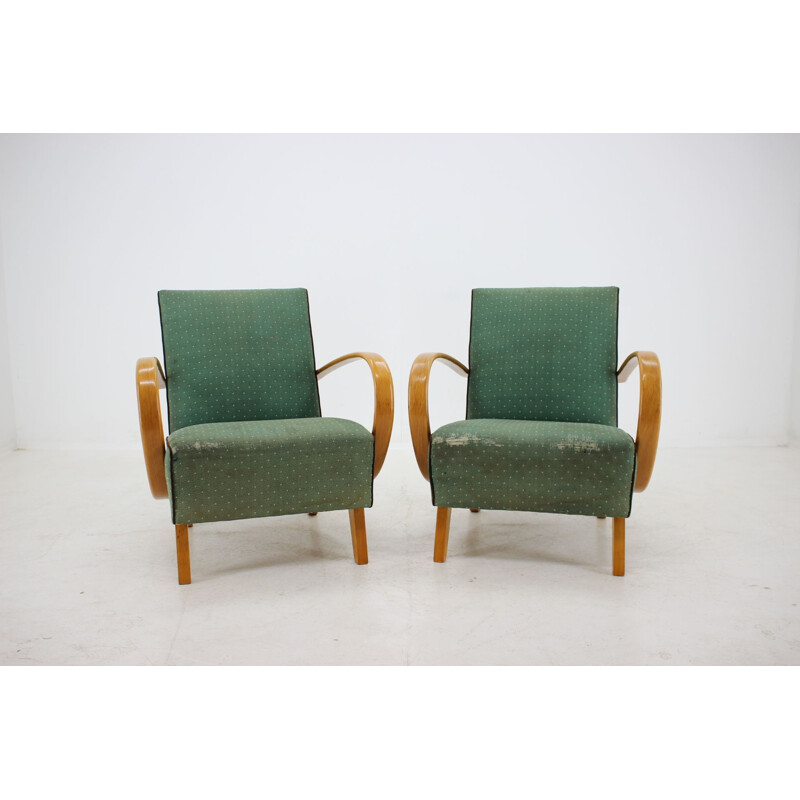 Pair of vintage armchairs by Jindřich Halabala in green fabric 1950s