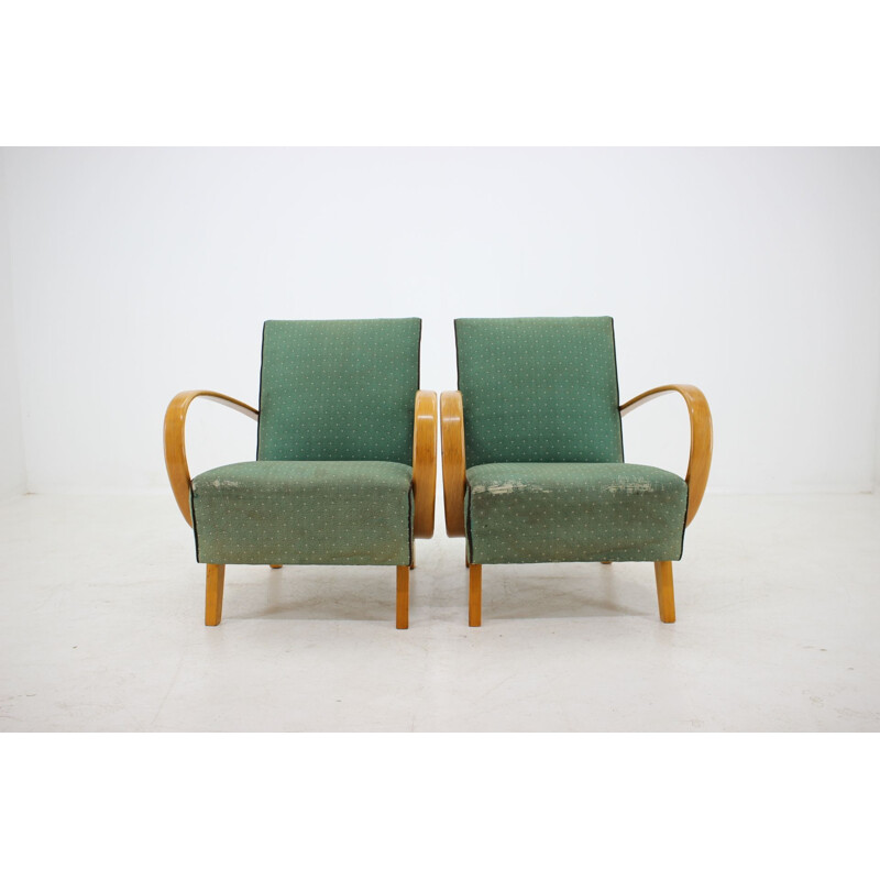 Pair of vintage armchairs by Jindřich Halabala in green fabric 1950s