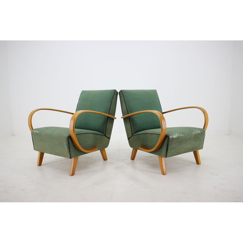 Pair of vintage armchairs by Jindřich Halabala in green fabric 1950s